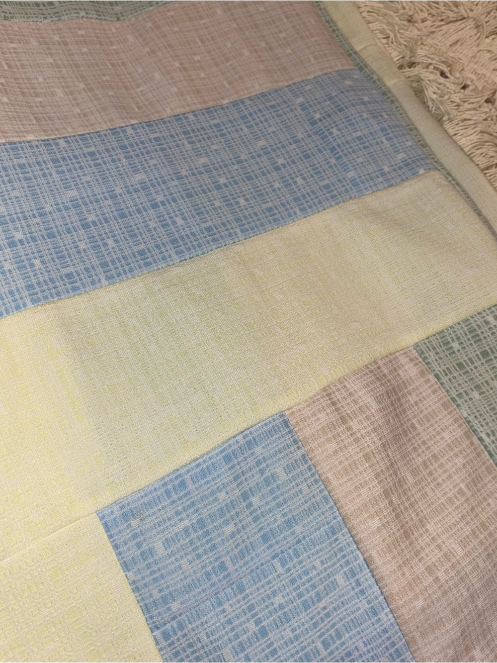 Pastel Patchwork Crochet-Trim Bedspread - White, Blue, Pink, Green - Picture 6 of 7
